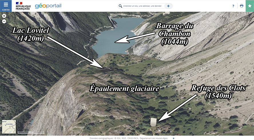 Lac Lovitel (1420m) (Oisans, Rousses, Mizoën, Isère)
d'après Géoportail Lac Lovitel (1420m) (Oisans, Rousses, Mizoën, Isère)
d'après Géoportail