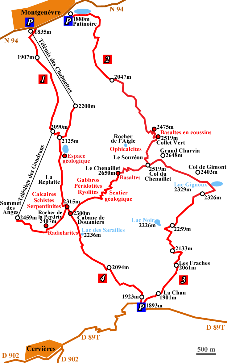 4 itin�raires pour le Chenaillet (2650m)
(Mongen�vre, Brian�onnais, Hautes-Alpes)